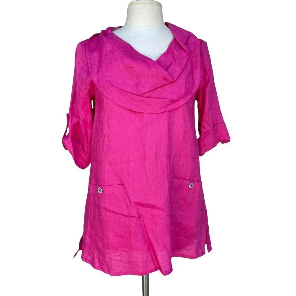 SOFT SURROUNDINGS Women’s S Pink Linen Roll Tabs Sleeves Cowl-neck Tunic Blouse